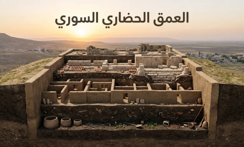 تصوّر طبقي واقعي لتل أثري سوري يُظهر تعاقب الاستيطان من عصور ما قبل التاريخ حتى الفترات الإسلامية.
