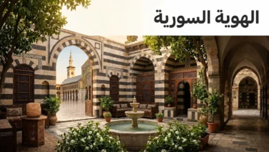 صورة غلاف مفاهيمية واقعية تجسّد الهوية السورية عبر عناصر من دمشق القديمة وحلب وأوغاريت ضمن تكوين نظيف.