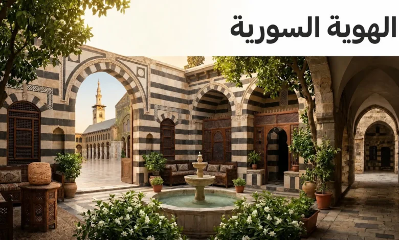 صورة غلاف مفاهيمية واقعية تجسّد الهوية السورية عبر عناصر من دمشق القديمة وحلب وأوغاريت ضمن تكوين نظيف.