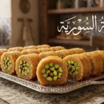 صورة غلاف للمبرومة السورية الأصلية تُظهر لفائف الكنافة الذهبية المحشوة بالفستق الحلبي الأخضر على طريقة حلب.