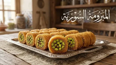 صورة غلاف للمبرومة السورية الأصلية تُظهر لفائف الكنافة الذهبية المحشوة بالفستق الحلبي الأخضر على طريقة حلب.
