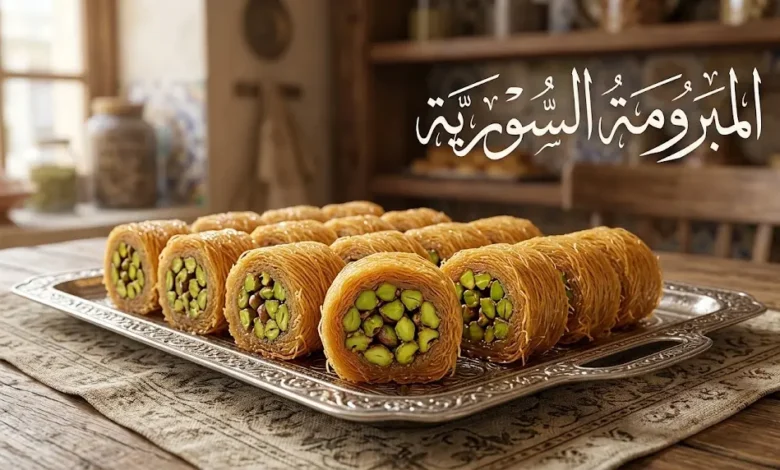 صورة غلاف للمبرومة السورية الأصلية تُظهر لفائف الكنافة الذهبية المحشوة بالفستق الحلبي الأخضر على طريقة حلب.