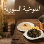 صورة غلاف تجمع طبق الملوخية السورية التقليدية بأوراقها الكاملة في قدر نحاسي مع صفحة من مخطوطة عربية قديمة، تجسّد صلة الطبق بتراث العصر العباسي