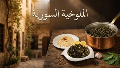 صورة غلاف تجمع طبق الملوخية السورية التقليدية بأوراقها الكاملة في قدر نحاسي مع صفحة من مخطوطة عربية قديمة، تجسّد صلة الطبق بتراث العصر العباسي