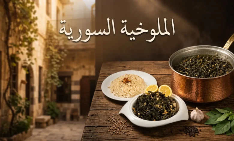 صورة غلاف تجمع طبق الملوخية السورية التقليدية بأوراقها الكاملة في قدر نحاسي مع صفحة من مخطوطة عربية قديمة، تجسّد صلة الطبق بتراث العصر العباسي