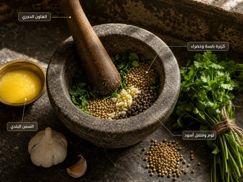 هاون حجري تقليدي يحتوي مزيج الكزبرة اليابسة والخضراء والثوم والفلفل الأسود لتحضير التقلية السورية، مع السمن البلدي في طبق نحاسي صغير