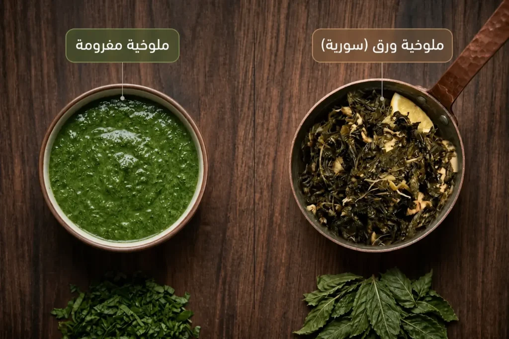 مقارنة بصرية بين الملوخية السورية بأوراقها الكاملة في مرق صافٍ على اليمين، والملوخية المفرومة الناعمة ذات القوام الكثيف على اليسار