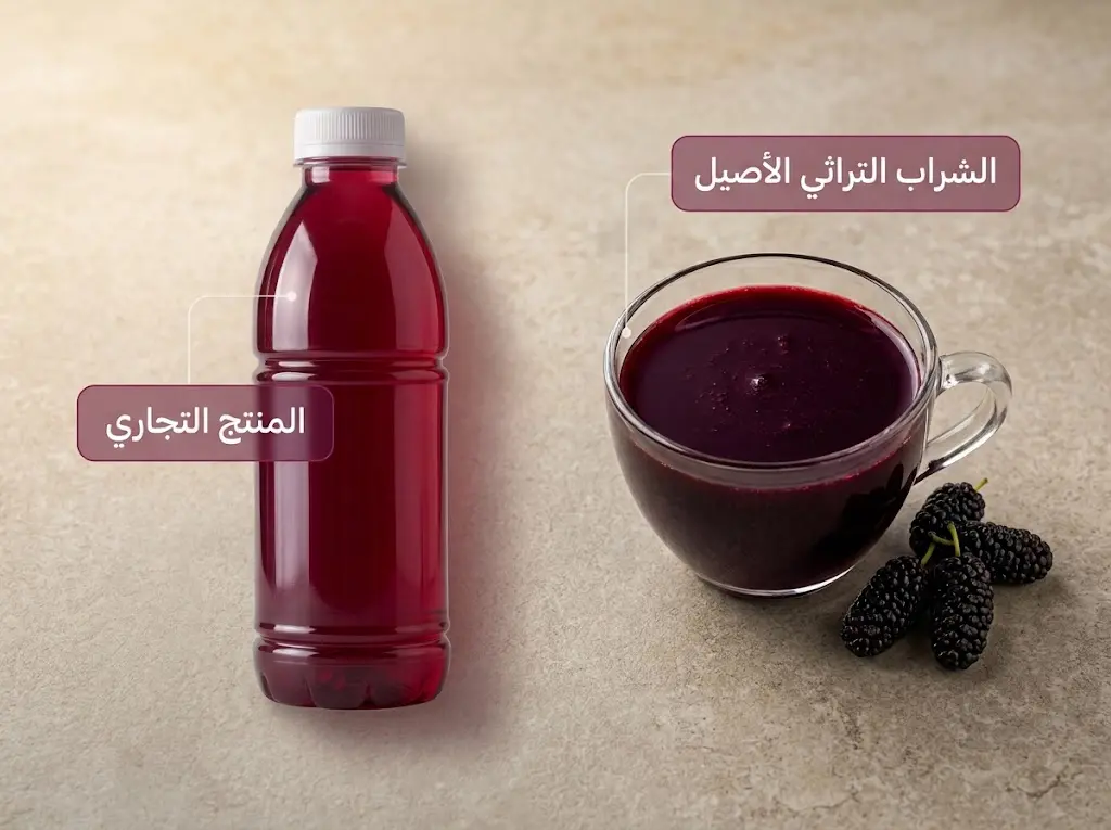 مقارنة بصرية بين عصير التوت الشامي التراثي في كأس نحاسي والمنتج التجاري في عبوة بلاستيكية