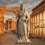 تمثال رخامي كلاسيكي لزنوبيا ملكة تدمر مع تصميم فني يضم عنوان المقالة.