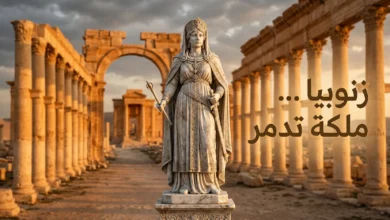 تمثال رخامي كلاسيكي لزنوبيا ملكة تدمر مع تصميم فني يضم عنوان المقالة.