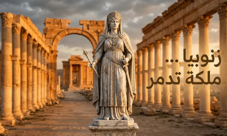 تمثال رخامي كلاسيكي لزنوبيا ملكة تدمر مع تصميم فني يضم عنوان المقالة.