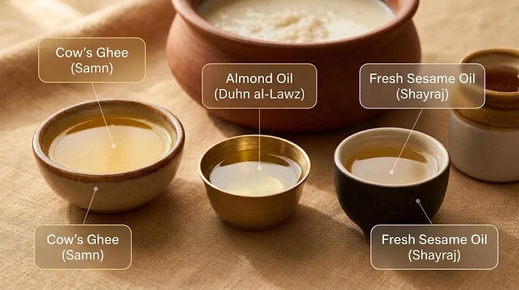 The three cooking fats specified in Ibn al-Warraq's 10th-century Baghdad rice pudding recipe: cow's ghee, almond oil, and fresh sesame oil.