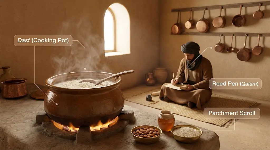 The four core ingredients of the 13th-century Aleppan al-Ma'muniyya recipe as documented by Ibn al-Adim.