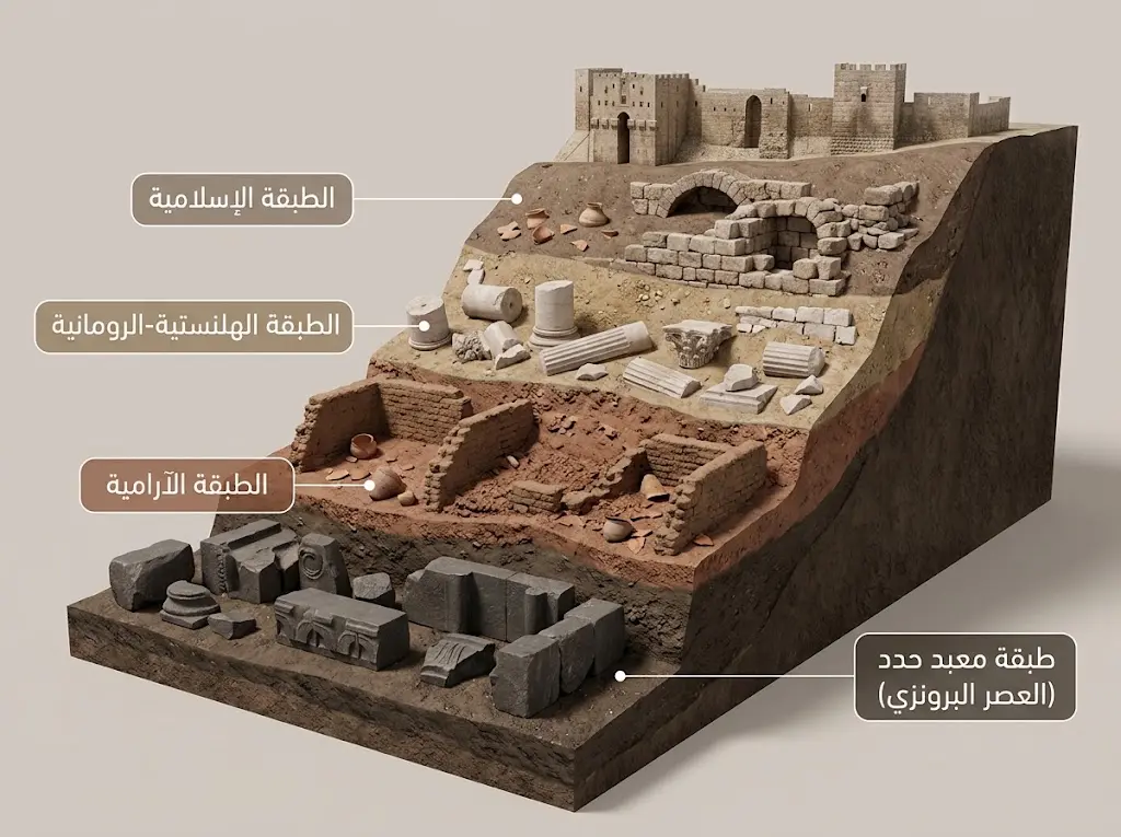 مقطع توضيحي يبين الطبقات الأثرية المتعاقبة داخل تل قلعة حلب من العصر البرونزي حتى العصر الإسلامي