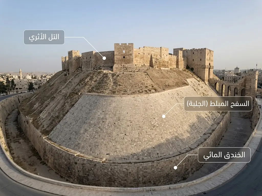 رسم توضيحي يبين مكونات النظام الدفاعي لقلعة حلب: التل والخندق والسفح المبلط