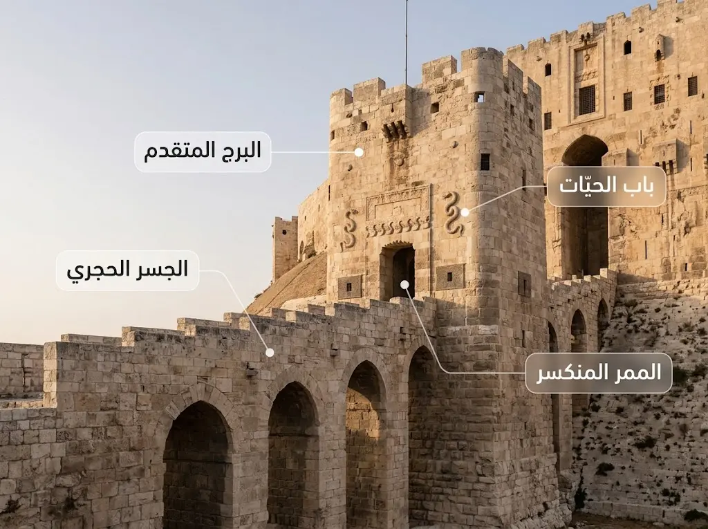 صورة توضح مدخل قلعة حلب الحصين بجسره الحجري وبرجه المتقدم ونقوش باب الحيات