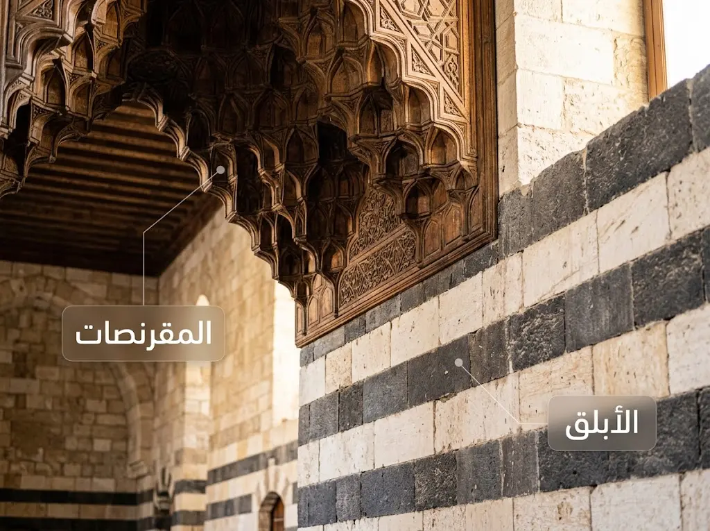صورة تفصيلية تظهر زخرفة المقرنصات الخشبية وأسلوب البناء بالأبلق في قصر الطواشي بقلعة حلب