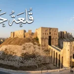 قلعة حلب التاريخية في مدينة حلب القديمة بسوريا تظهر الجسر الحجري والخندق المحيط