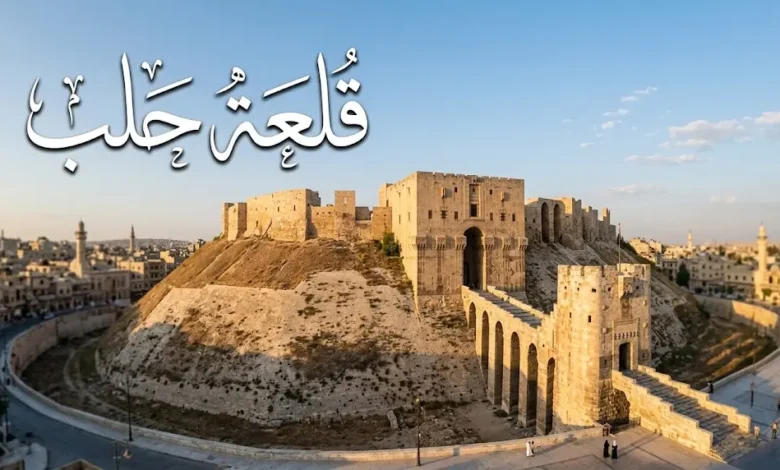 قلعة حلب التاريخية في مدينة حلب القديمة بسوريا تظهر الجسر الحجري والخندق المحيط