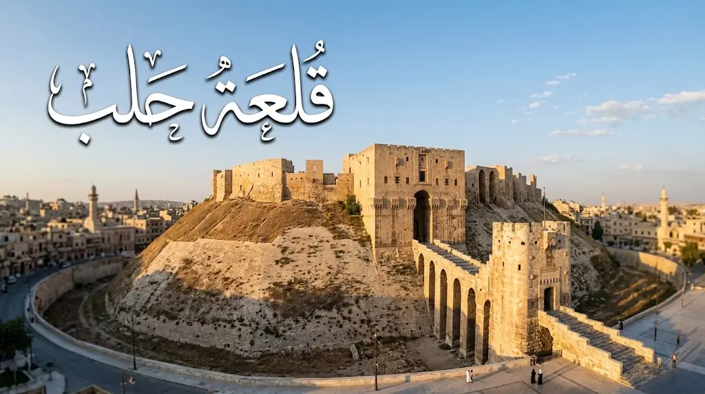 قلعة حلب التاريخية في مدينة حلب القديمة بسوريا تظهر الجسر الحجري والخندق المحيط