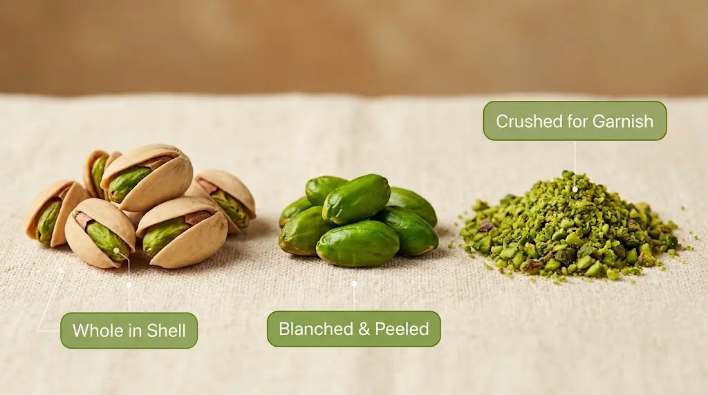 Macro photograph of Aleppo pistachios shown in three states: whole in shell, blanched and peeled, and crushed for garnish.