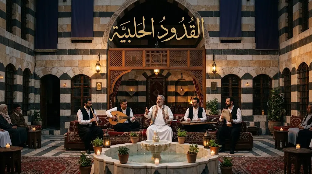 جلسة قدود حلبية تقليدية في فناء بيت شامي بحلب مع فرقة التخت الشرقي