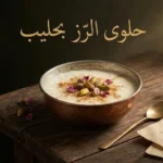 صورة غلاف لحلوى الرز بحليب السورية التقليدية في وعاء نحاسي مُبيَّض، مزيّنة بالفستق الحلبي والقرفة، على خلفية خشبية دمشقية داكنة مع مخطوطة قديمة.