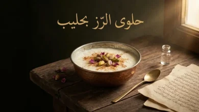 صورة غلاف لحلوى الرز بحليب السورية التقليدية في وعاء نحاسي مُبيَّض، مزيّنة بالفستق الحلبي والقرفة، على خلفية خشبية دمشقية داكنة مع مخطوطة قديمة.