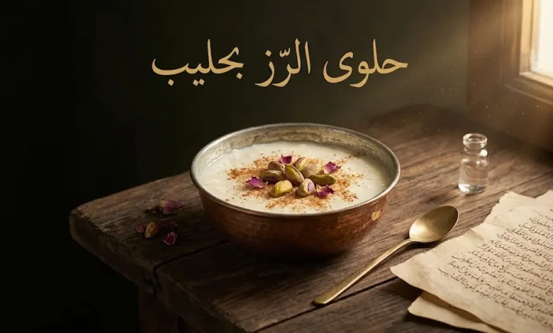 صورة غلاف لحلوى الرز بحليب السورية التقليدية في وعاء نحاسي مُبيَّض، مزيّنة بالفستق الحلبي والقرفة، على خلفية خشبية دمشقية داكنة مع مخطوطة قديمة.