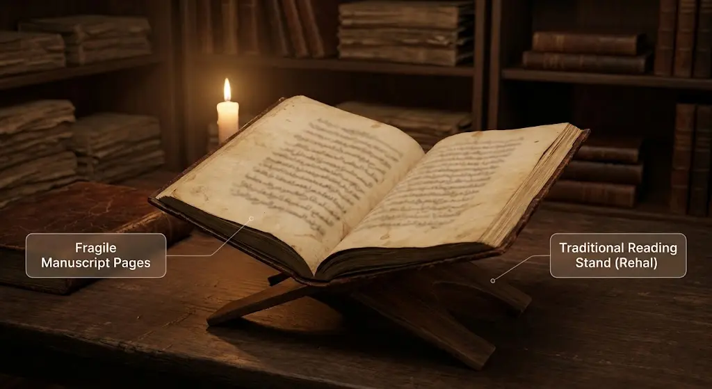 An aged Arabic culinary manuscript on a traditional reading stand, representing the fragile manuscript heritage that documents Syrian rice pudding recipes.