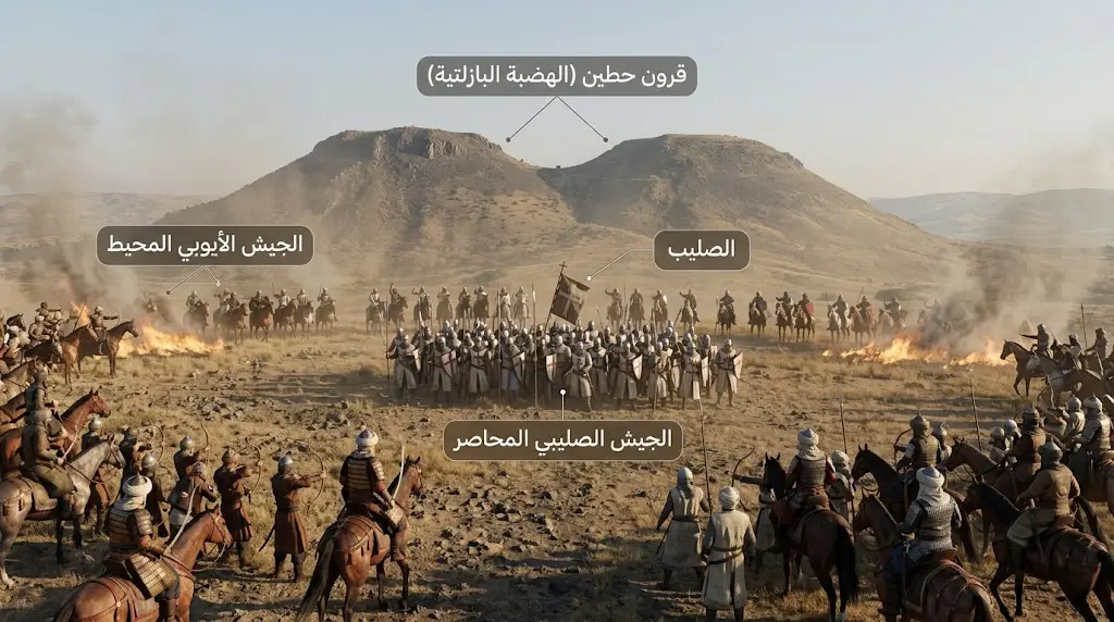 مشهد تاريخي ثلاثي الأبعاد لمعركة حطين يُظهر الجيش الصليبي محاصَرًا على هضبة قرون حطين البازلتية.