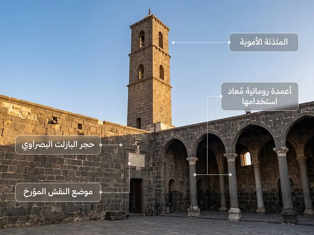الجامع العمري في بصرى المبني من الحجر البازلتي الأسود