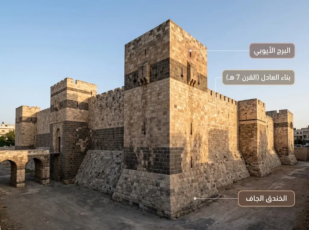قلعة دمشق من الخارج تُظهر أبراجها الأيوبية وجدرانها الحجرية الضخمة.
