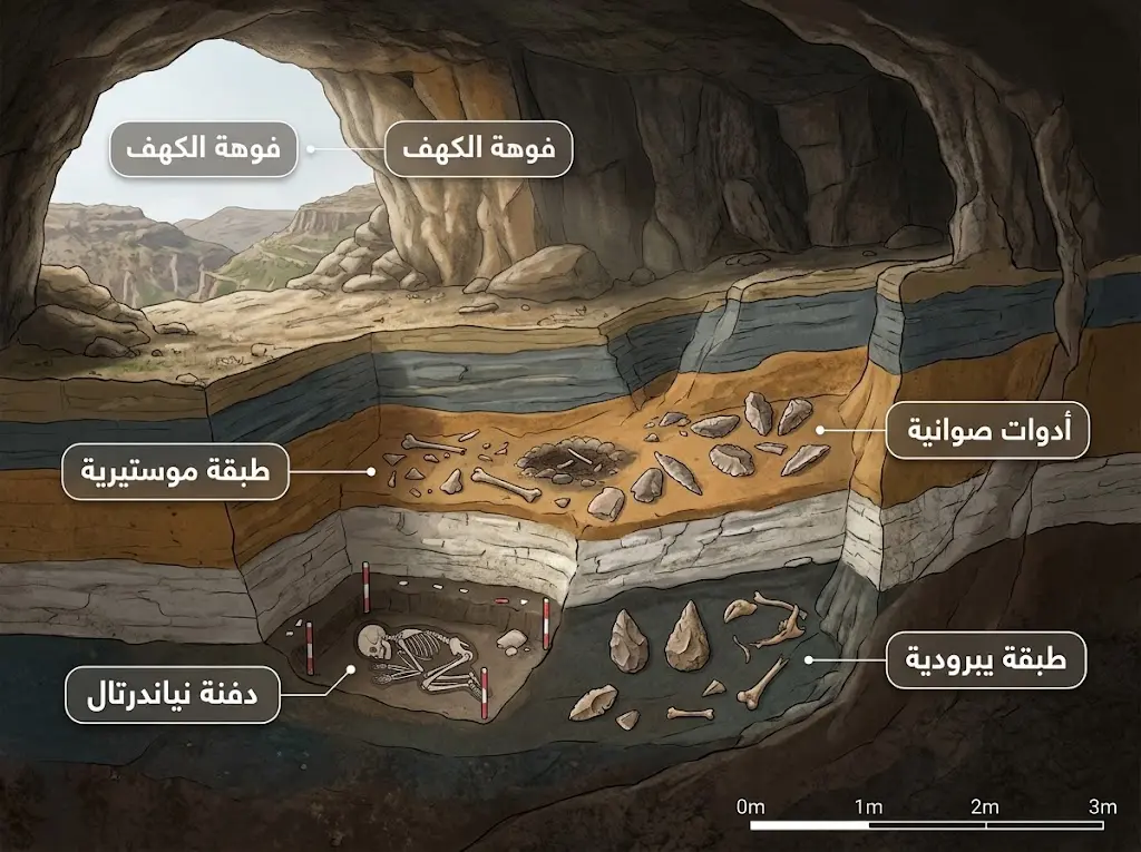 مقطع توضيحي لكهف الديدرية في سوريا يظهر الطبقات الأثرية ومواقع الدفن النياندرتالي