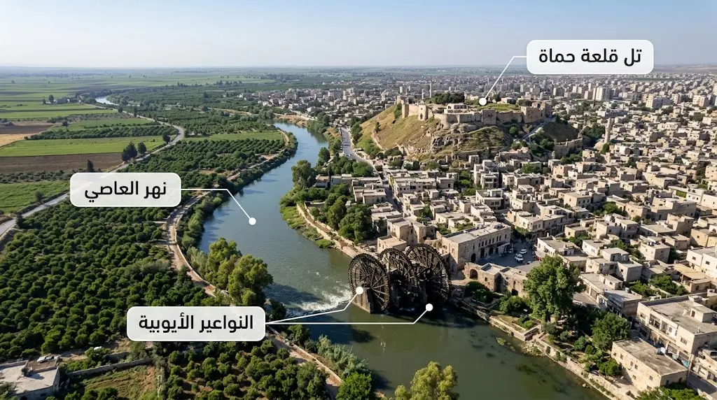 منظر جوي لمدينة حماة ونهر العاصي مع نواعيرها وتل قلعتها التاريخية.