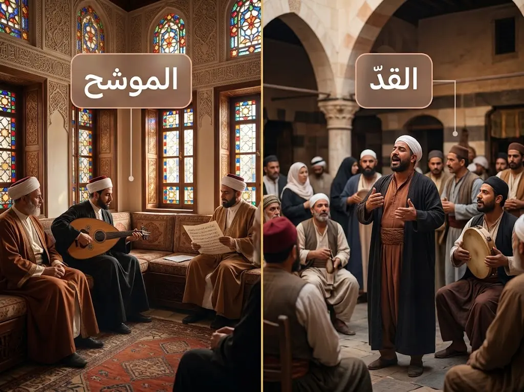 مقارنة بصرية بين مجلس أدبي لأداء الموشح ومجلس شعبي لأداء القدود في حلب العثمانية