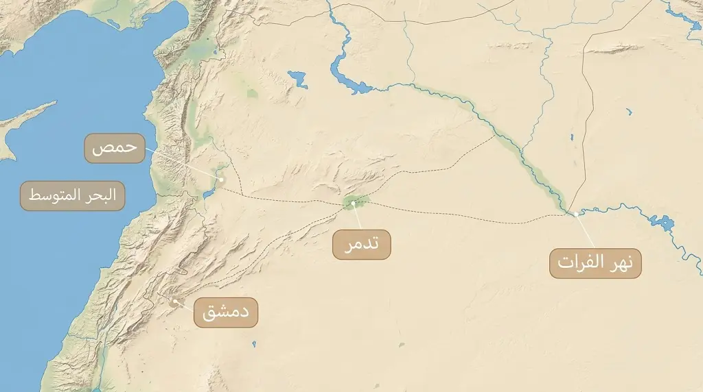 خريطة توضيحية للموقع الجغرافي الاستراتيجي لواحة تدمر في قلب بادية الشام