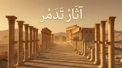 منظر بانورامي لآثار تدمر الأثرية في بادية الشام يظهر الشارع الأعظم ومعبد بل عند الغروب