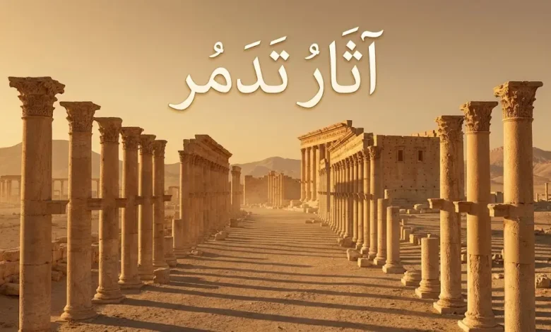 منظر بانورامي لآثار تدمر الأثرية في بادية الشام يظهر الشارع الأعظم ومعبد بل عند الغروب