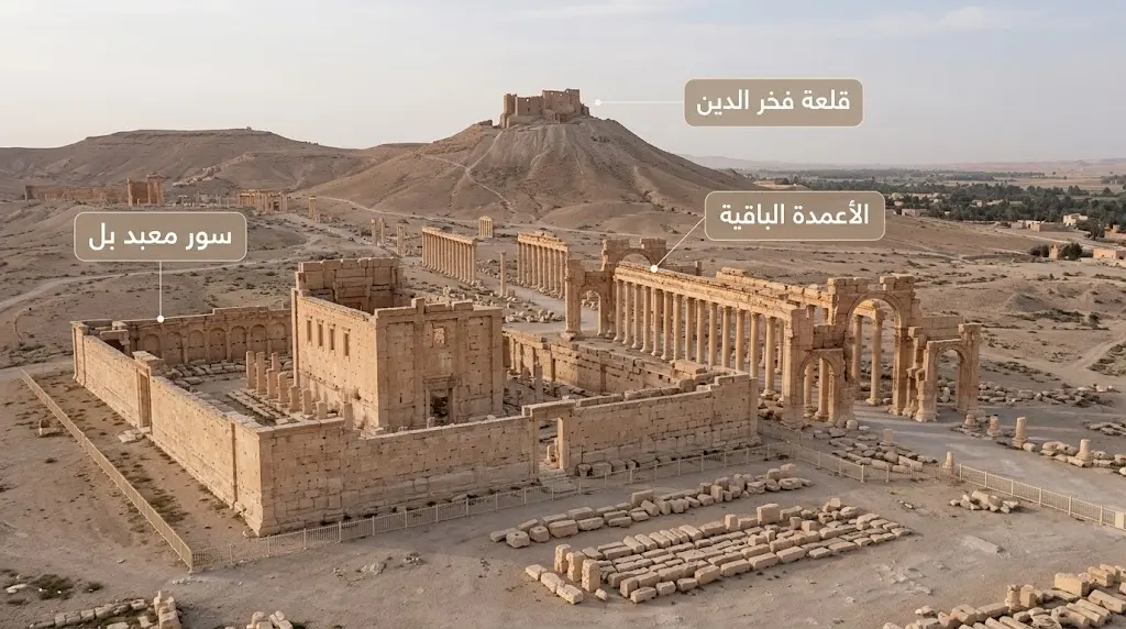 المشهد الحالي لموقع تدمر الأثري بعد جهود التوثيق والحماية