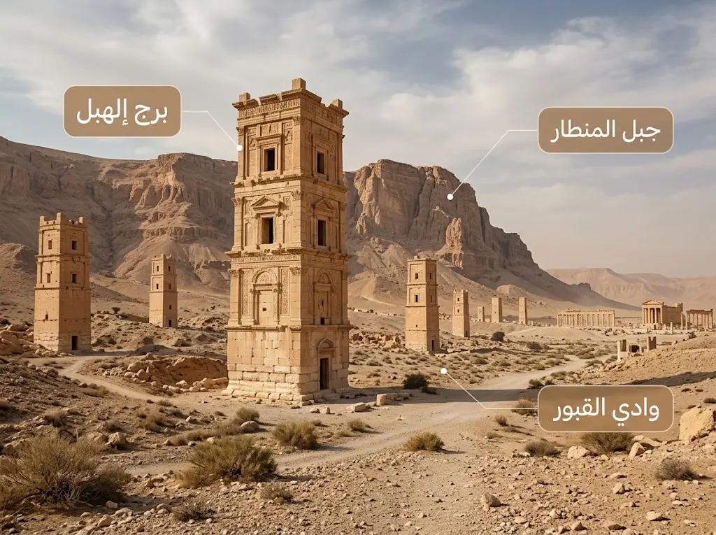المدافن البرجية في وادي القبور غرب مدينة تدمر مع برج إلهبل الشهير