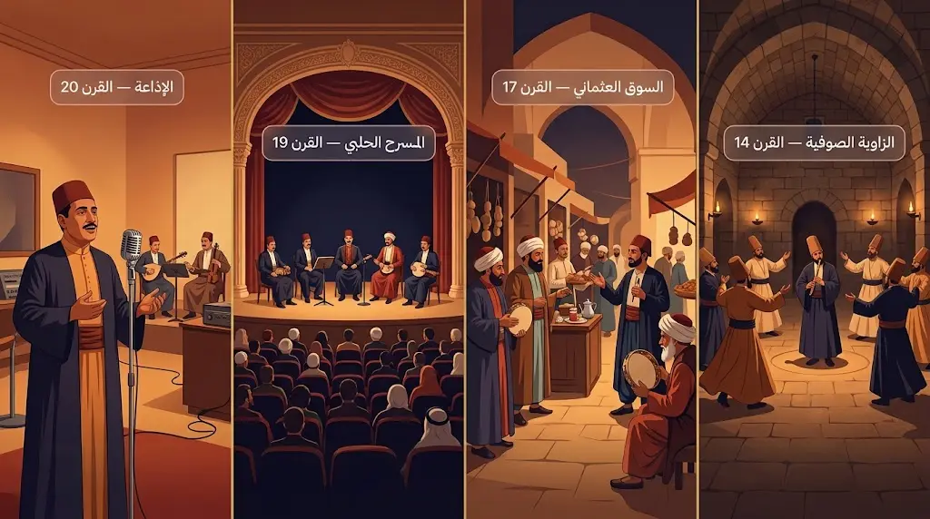 تسلسل تاريخي بصري لمراحل تطور القدود الحلبية من الزاوية الصوفية إلى الإذاعة