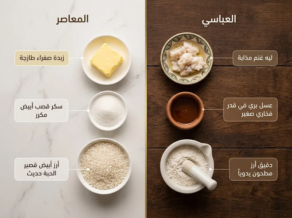 مقارنة بصرية بين مكونات وصفة الرز بحليب العباسية الأصلية (الألية والعسل والأرز المدقوق) ومكوناتها السورية المعاصرة (الزبدة والسكر والأرز الكامل).