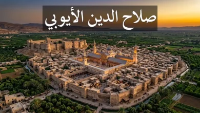 منظر جوي لمدينة دمشق في العصر الأيوبي مع الجامع الأموي وقلعة دمشق.