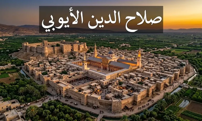 منظر جوي لمدينة دمشق في العصر الأيوبي مع الجامع الأموي وقلعة دمشق.