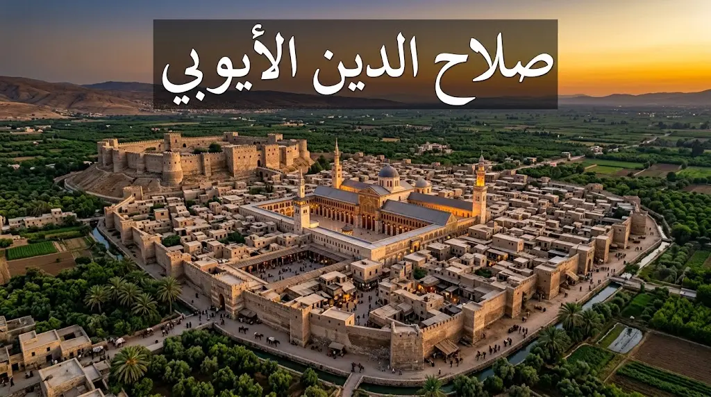 منظر جوي لمدينة دمشق في العصر الأيوبي مع الجامع الأموي وقلعة دمشق.