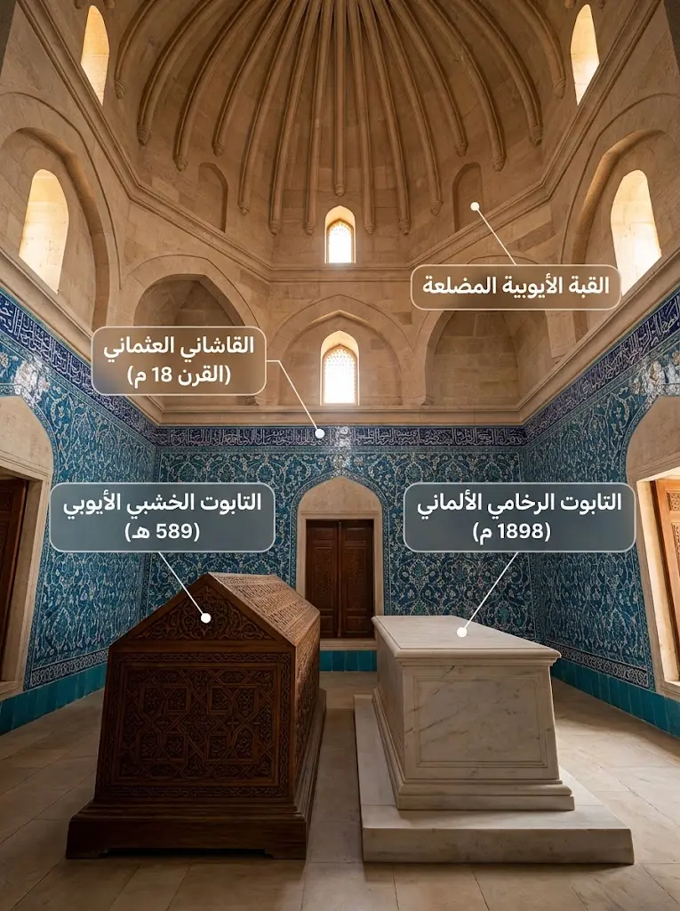 داخل ضريح صلاح الدين في دمشق يُظهر التابوتين الخشبي والرخامي والجدران المزينة بالقاشاني العثماني.