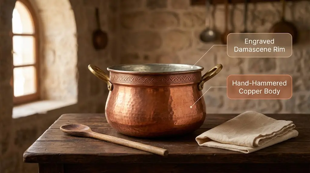 Traditional Syrian handcrafted copper pot used for making rice pudding in Aleppan households, with engraved Damascene patterns.