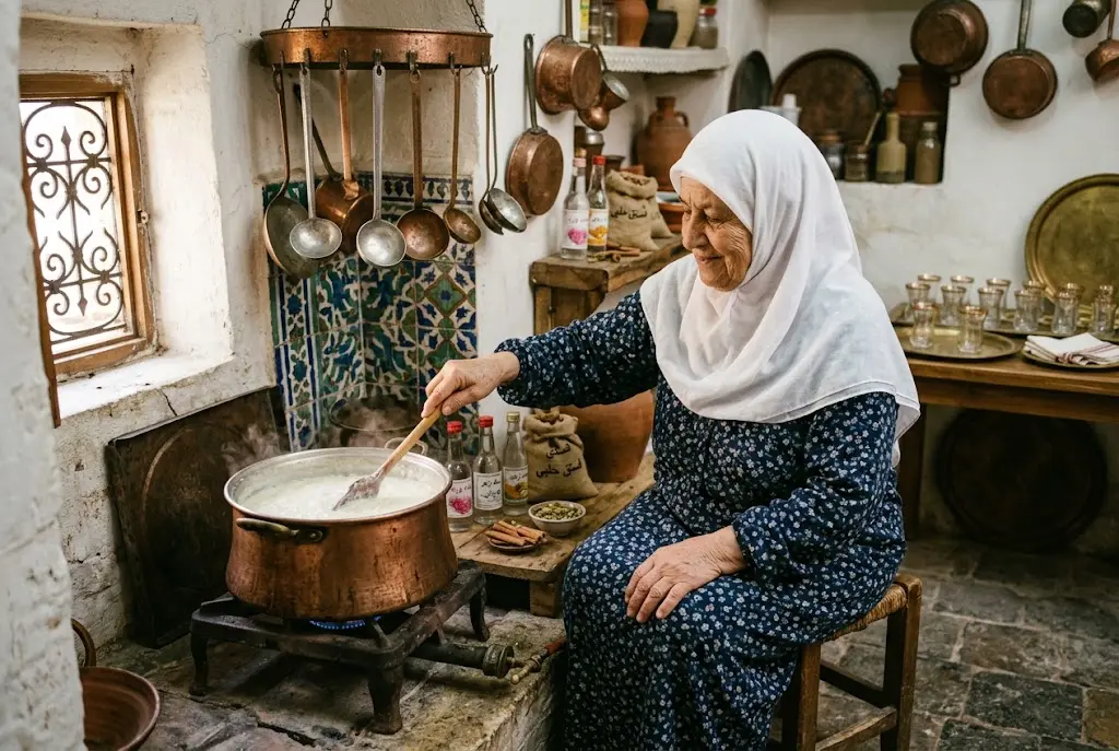 امرأة سورية عجوز تُحضّر الرز بحليب في وعاء نحاسي تقليدي داخل مطبخ دمشقي قديم، استعداداً لمناسبة ما بعد الولادة.