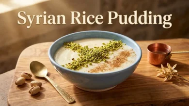 Traditional Syrian rice pudding (Ruz bi-Haleeb) in a Damascene ceramic bowl topped with Aleppo pistachios and cinnamon.